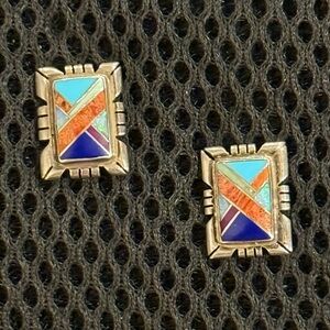 Vintage Southwestern Zuni Mosaic Inlay Turquoise Sterling Silver Post Earrings